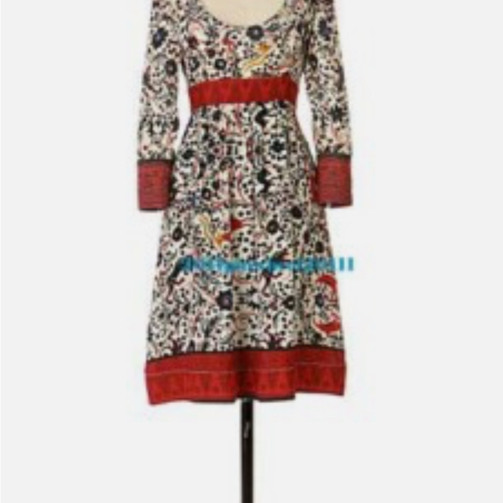 Anthropologie Printed Midi Dress with Red Trim
